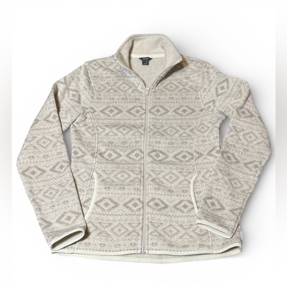 Eddie Bauer Cream Patterned Women's Sweater Full Zip Jacket Size Small Aztec